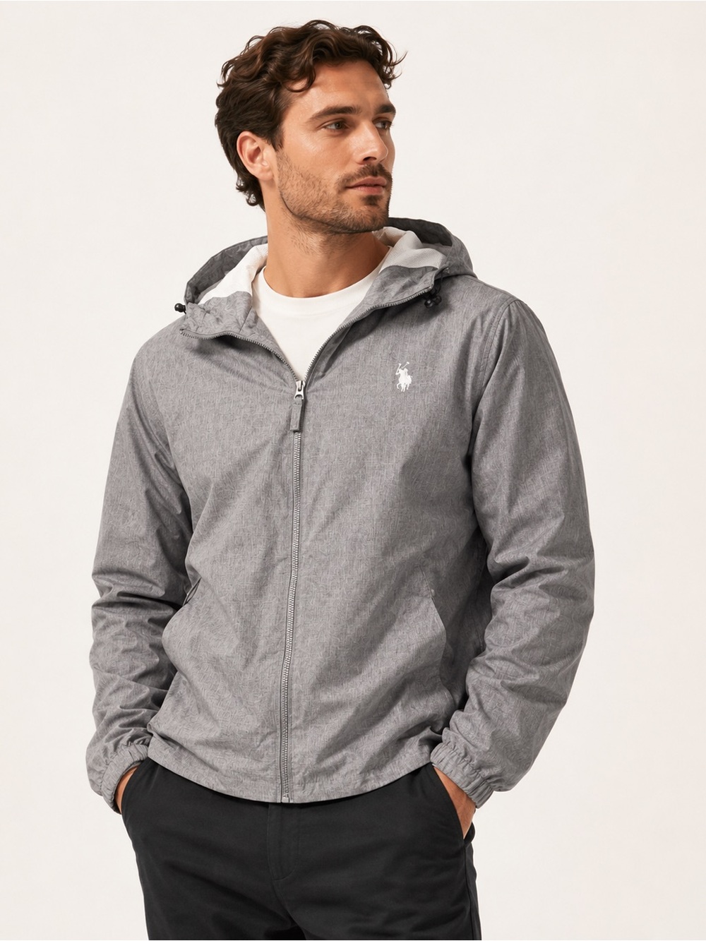 U.S. Polo Assn Hooded Windbreaker Jacket Heather Grey M